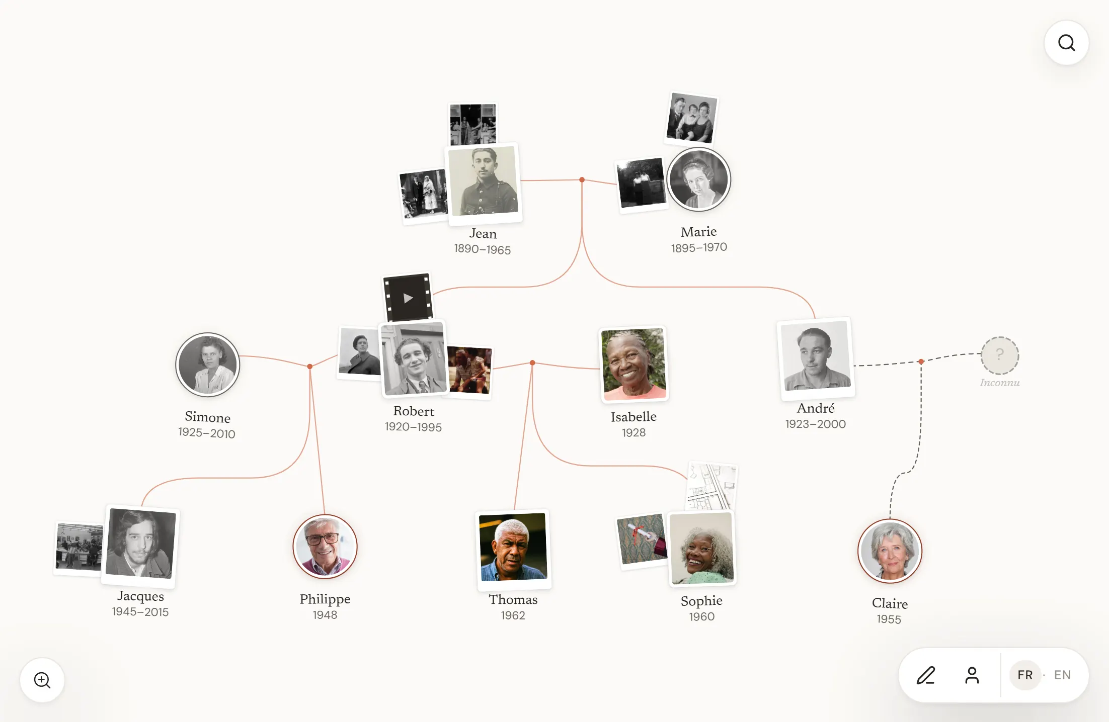 Aperçu de l'arbre de démonstration, trois générations d'une famille avec leurs photos